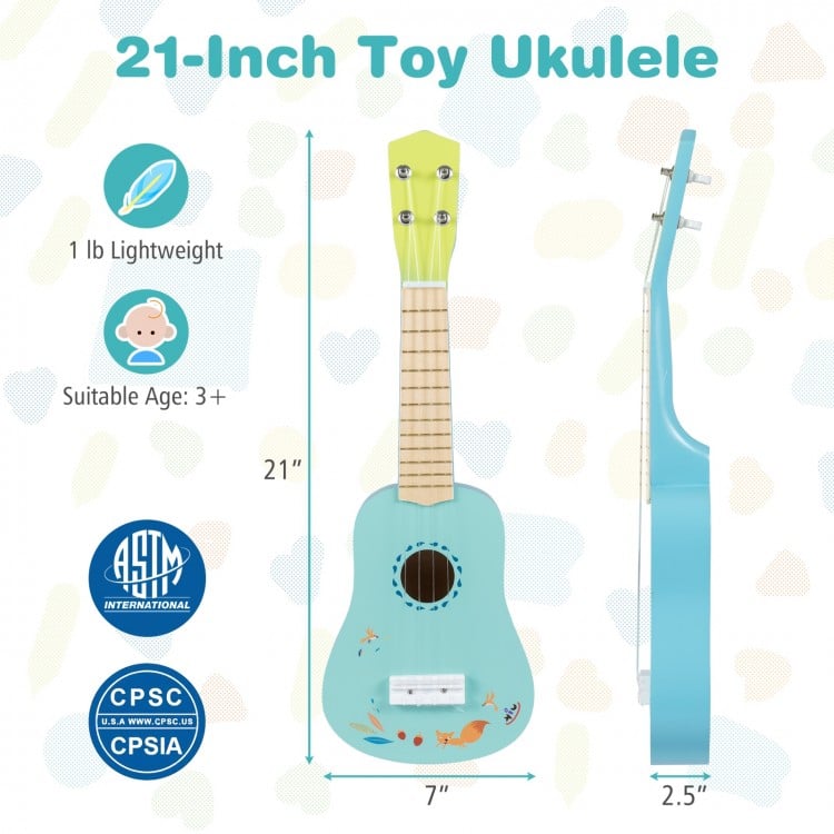 21-inch toy ukulele for kids with a basswood body, lightweight design, and smooth frets for safe play. Suitable for.
