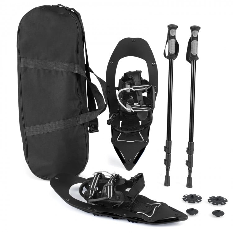 21” black snowshoes with adjustable bindings and trekking poles, perfect for winter hikes and outdoor adventures.