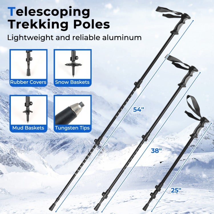 Telescoping trekking poles with rubber covers and snow baskets, made of lightweight aluminum for winter hiking.