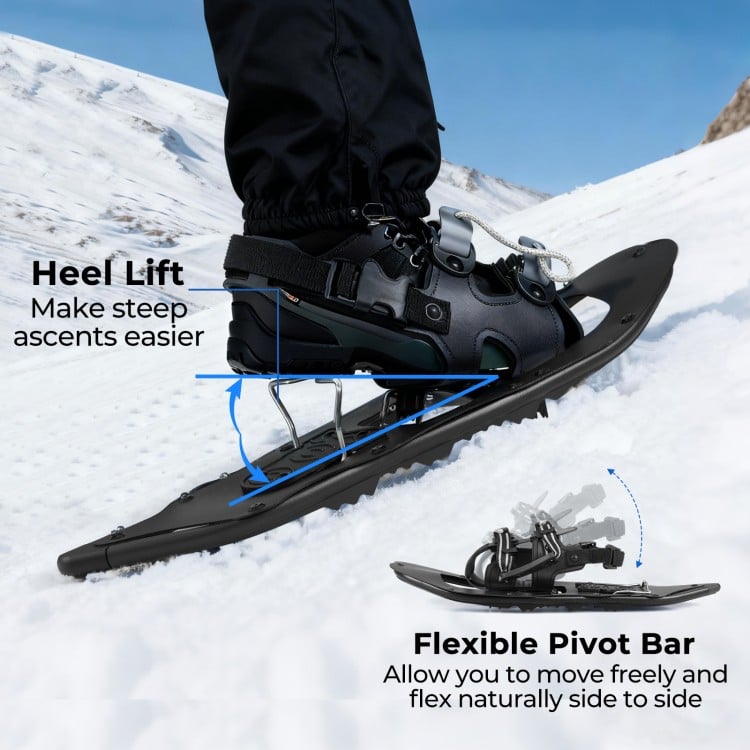 Close-up of 21” black snowshoes featuring a heel lift and flexible pivot bar for easier ascents and natural movement.