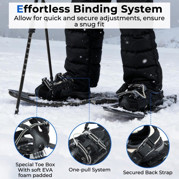 Close-up of the adjustable binding system on 21” snowshoes with trekking poles, designed for a snug fit during winter.