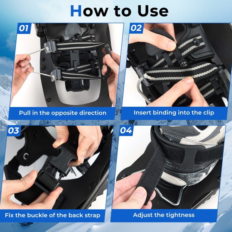 Step-by-step guide for using 21” black snowshoes with trekking poles, featuring adjustable bindings and secure clips.