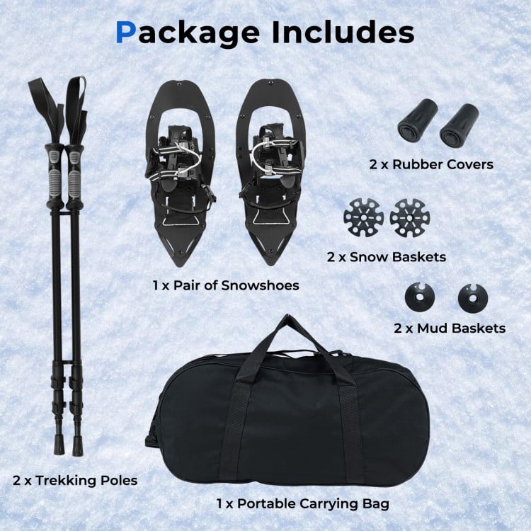 21” black snowshoes with trekking poles, adjustable bindings, and carrying bag for winter hiking adventures.
