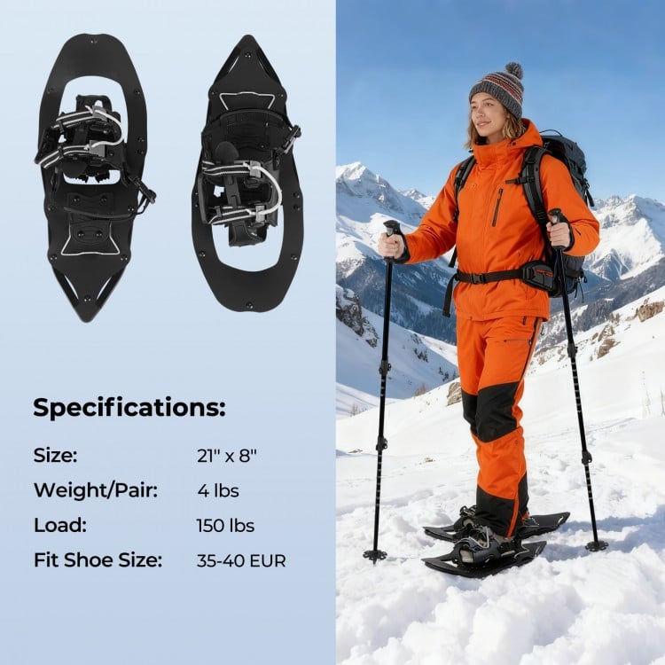 21” snowshoes with trekking poles in black, featuring adjustable bindings and lightweight aluminum frame for winter.