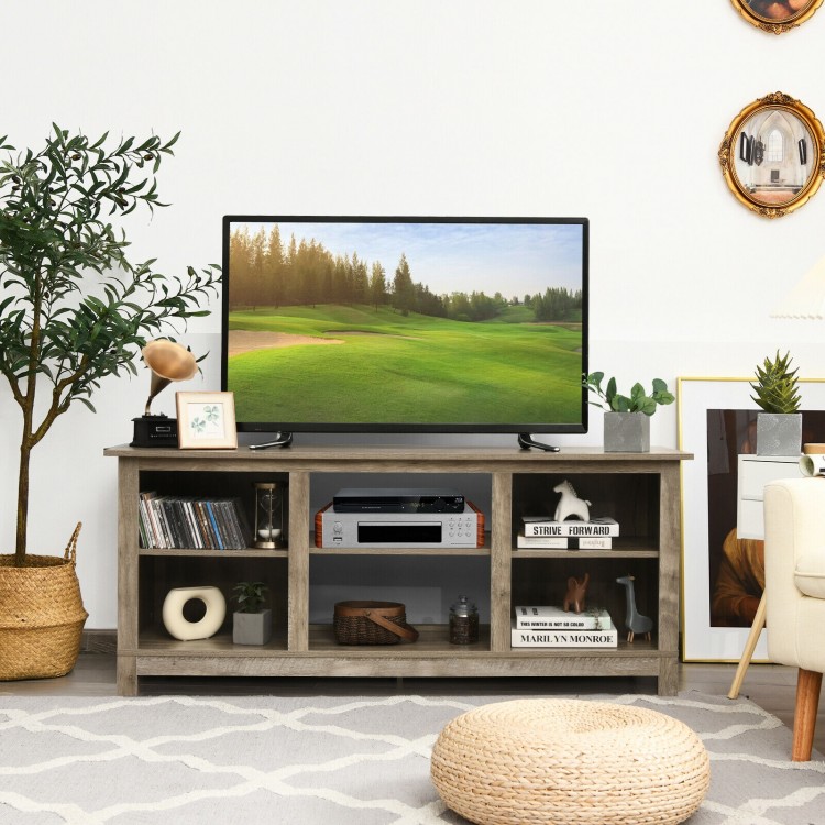 Gray 58-inch TV stand featuring a spacious top for TVs up to 65" and 6 open shelves for media storage, ideal for home.