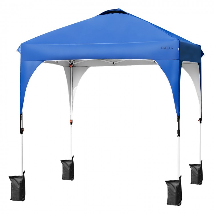 Blue 6.6 x 6.6 FT pop-up canopy tent with adjustable height and heavy-duty frame for outdoor shade and stability.