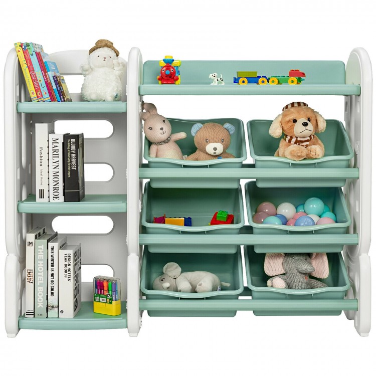 Kids toy storage organizer in green with 6 bins and bookshelf, ideal for keeping playrooms tidy and promoting.