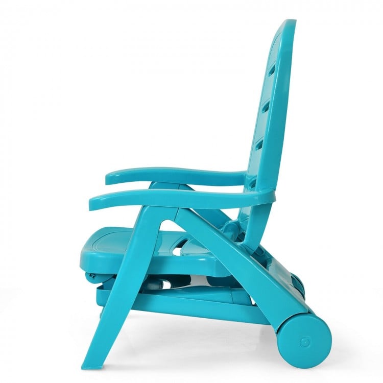 Turquoise 5-position adjustable folding lounger chaise chair with armrests and wheels, ideal for outdoor relaxation.