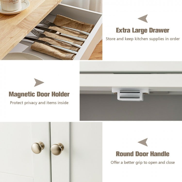 Extra large drawer and round door handle on a white kitchen cart with rubber wood top for organized kitchen storage.