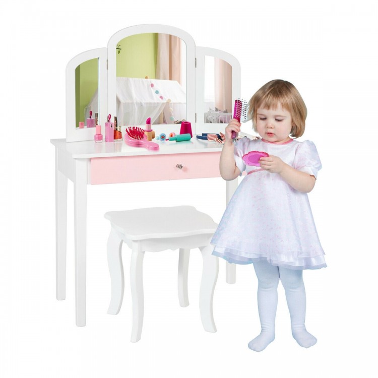 Kids princess makeup dressing table with tri-folding mirror and chair, perfect for playtime in a child's bedroom.
