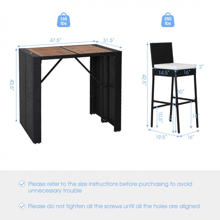 Space-saving patio dining set featuring a solid acacia wood tabletop and weather-resistant PE wicker bar stools.