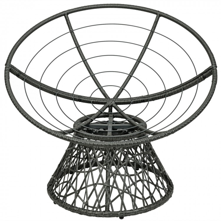 Rattan Papasan chair with ergonomic design, dark red cushion, and 360-degree swivel for indoor or outdoor use.
