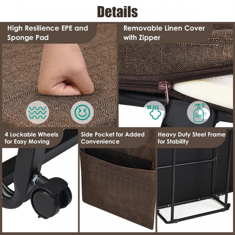 Detail view of the folding guest sleeper bed showing high resilience EPE padding, removable linen cover, and lockable.