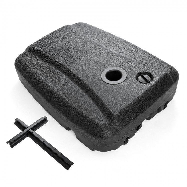 Black 220 lbs cantilever patio umbrella base stand with wheels, refillable reservoir for easy transport and stability.