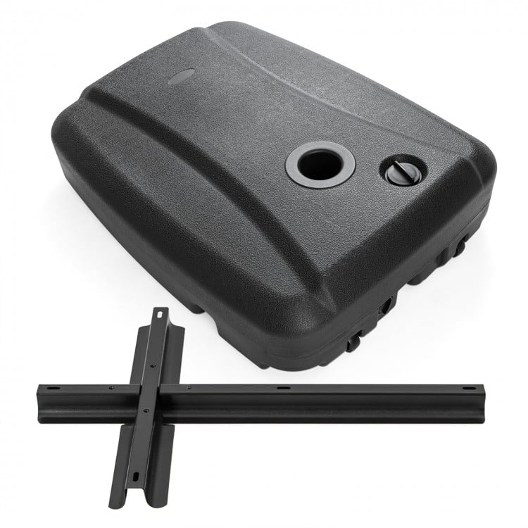 Black 220 lbs cantilever patio umbrella base stand with wheels, refillable reservoir, and easy transport handles.