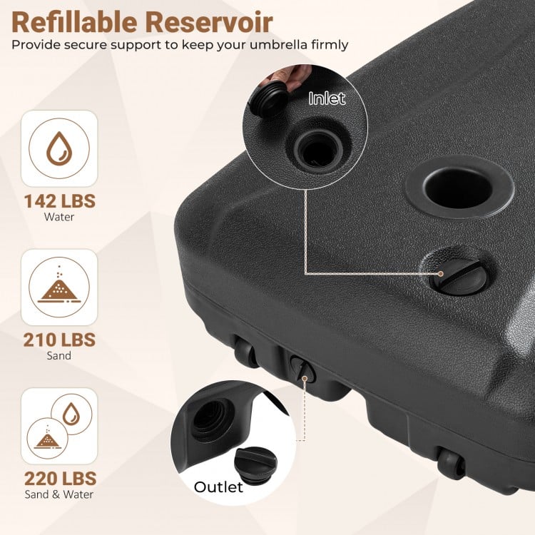Close-up of the refillable reservoir of the 220 lbs cantilever patio umbrella base stand, designed for easy filling and.