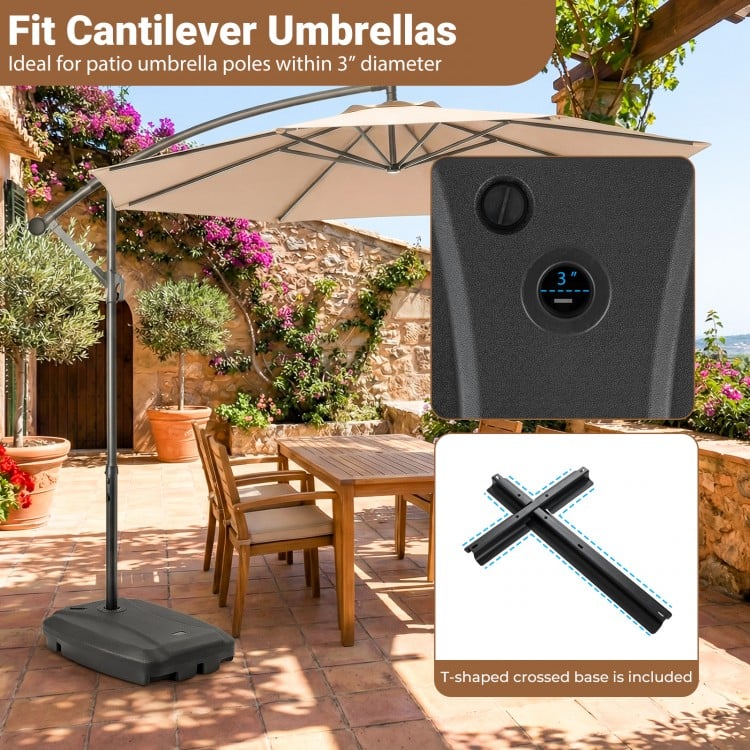 220 lbs cantilever patio umbrella base stand in black with wheels, designed for 3" poles, ideal for outdoor use.