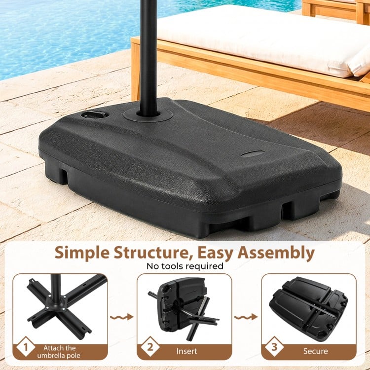 Heavy-duty black cantilever patio umbrella base stand with wheels, fillable up to 220 lbs for easy mobility and.