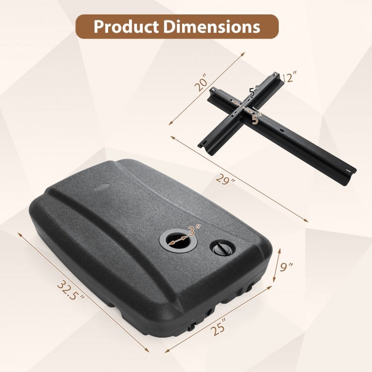 Black 220 lbs cantilever patio umbrella base stand dimensions with fillable reservoir and wheels for easy mobility.