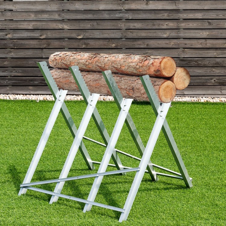 Heavy duty portable foldable steel sawhorse with logs, supports 220 lbs, ideal for efficient woodworking tasks.