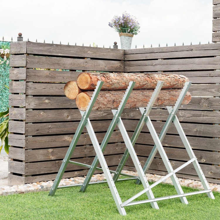 Heavy duty portable foldable steel sawhorse supporting logs, featuring a triangular structure for stability and easy.