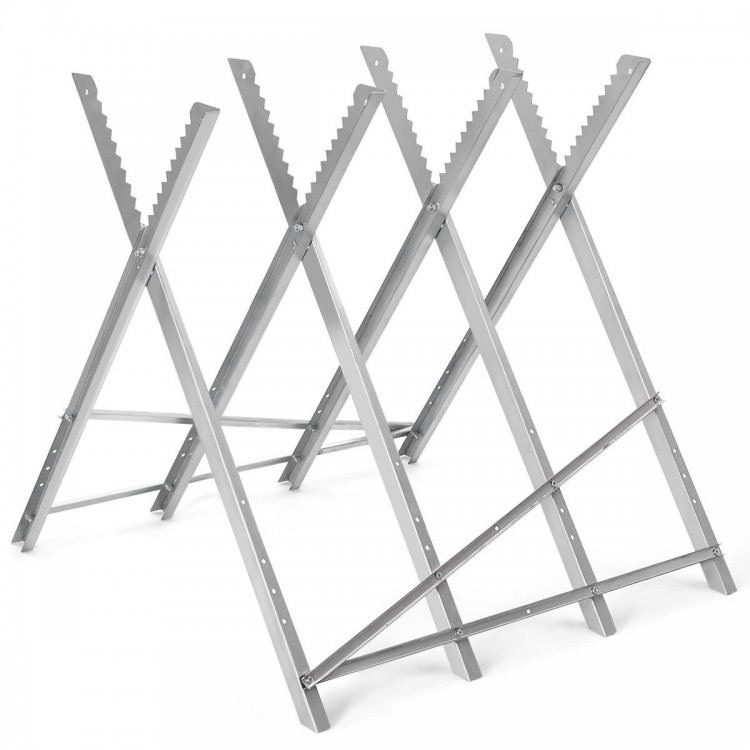 Heavy duty portable foldable steel sawhorse with triangular structure, supports 220 lbs, ideal for efficient.