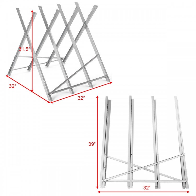 Heavy duty portable foldable steel sawhorse with triangular structure, supporting 220 lbs, shown in two height.