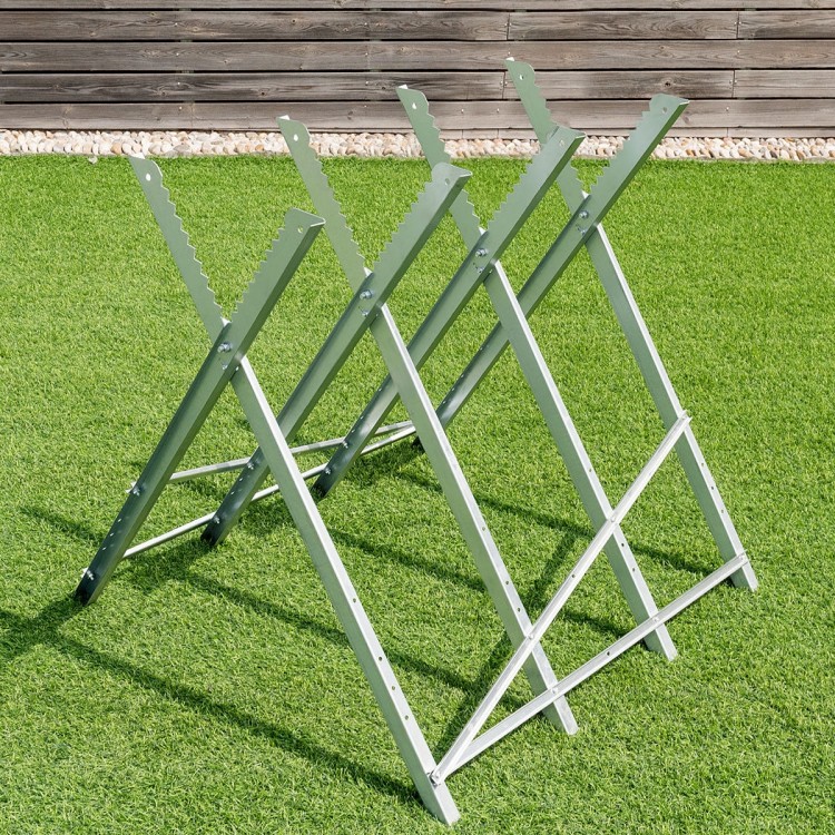 Heavy duty portable foldable steel sawhorse with triangular structure, supporting 220 lbs, ideal for efficient.