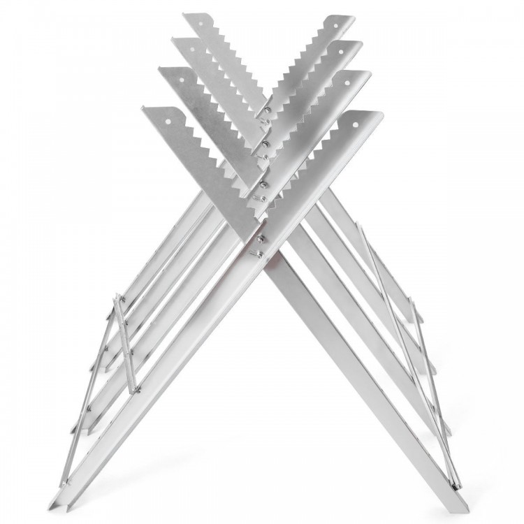 Heavy duty foldable steel sawhorse with triangular structure, supports 220 lbs, ideal for quick setups and stable use.