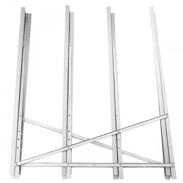 Heavy duty foldable steel sawhorse with triangular structure, supports 220 lbs, ideal for quick setups and storage.