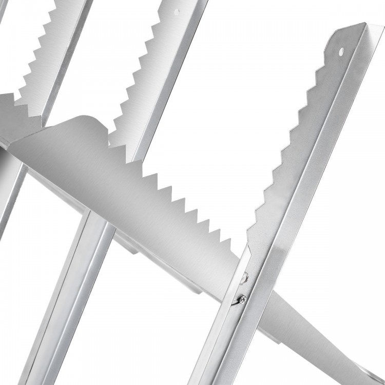 Close-up of the heavy-duty steel sawhorse with saw tooth design, supporting 220 lbs for stable woodworking tasks.