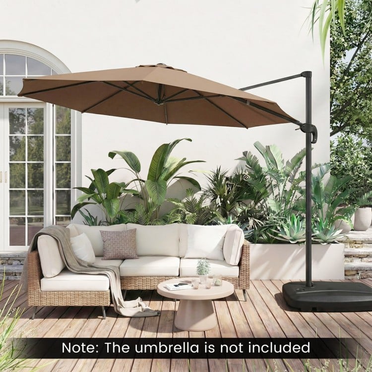 Cantilever patio umbrella base with wheels, holding up to 225 lbs, designed for easy mobility and stability.