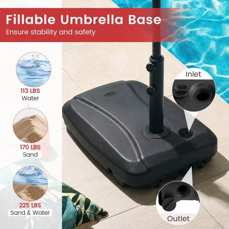 Fillable patio umbrella base with wheels, holding up to 225 lbs of sand or water, ensuring stability for cantilever.