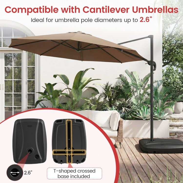 225 lbs cantilever patio umbrella base with wheels, T-shaped cross base, compatible with 2.6" pole diameters.