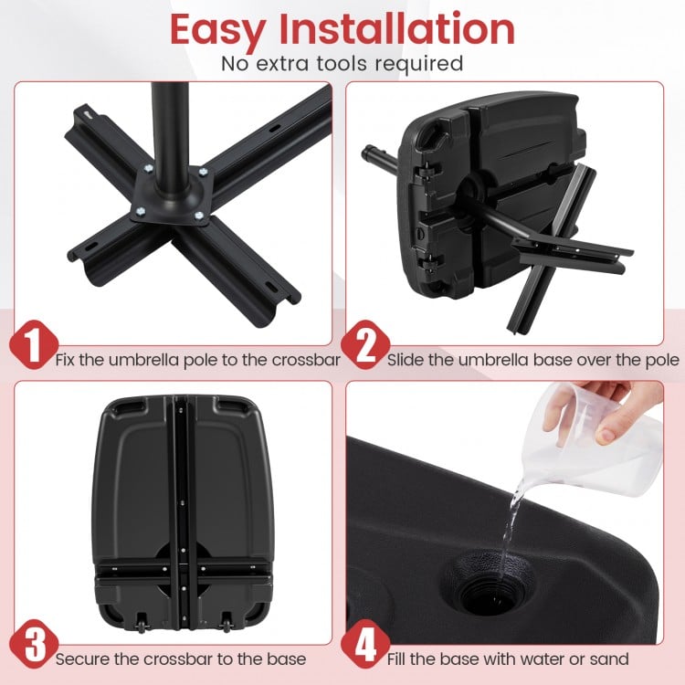 Easy installation steps for the 225 lbs cantilever patio umbrella base with wheels and crossed base for stability.