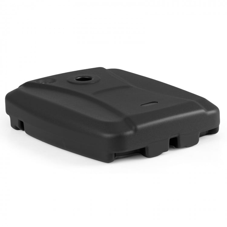Cantilever patio umbrella base with wheels, holding up to 225 lbs, made of HDPE for stability and easy mobility.
