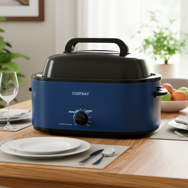 Navy 22QT electric roaster oven with self-basting lid, perfect for cooking a whole turkey and versatile meal.