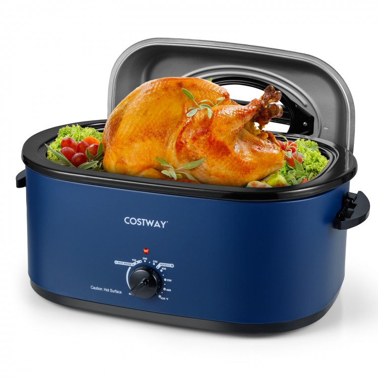 22QT electric roaster oven in navy with a whole turkey, featuring a self-basting lid for juicy results and clear glass.