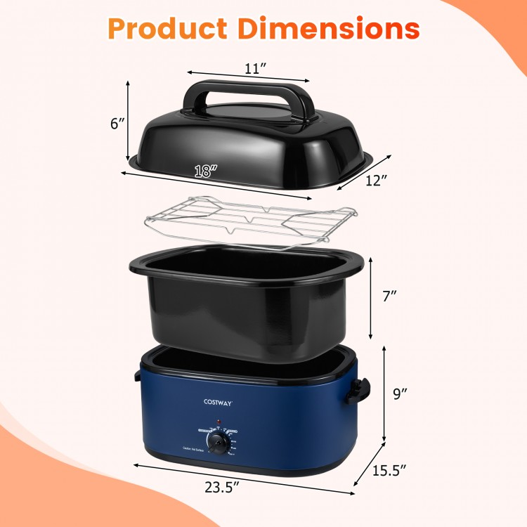22QT electric roaster oven with self-basting lid, featuring a navy finish and dimensions for cooking large meals.