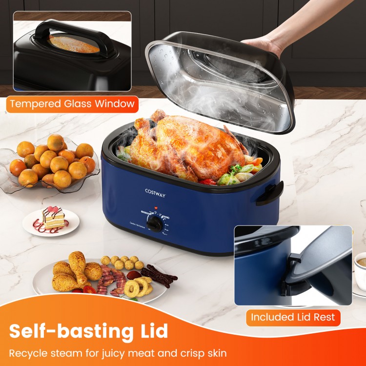 22QT electric roaster oven with self-basting lid and tempered glass window, perfect for cooking a whole turkey.