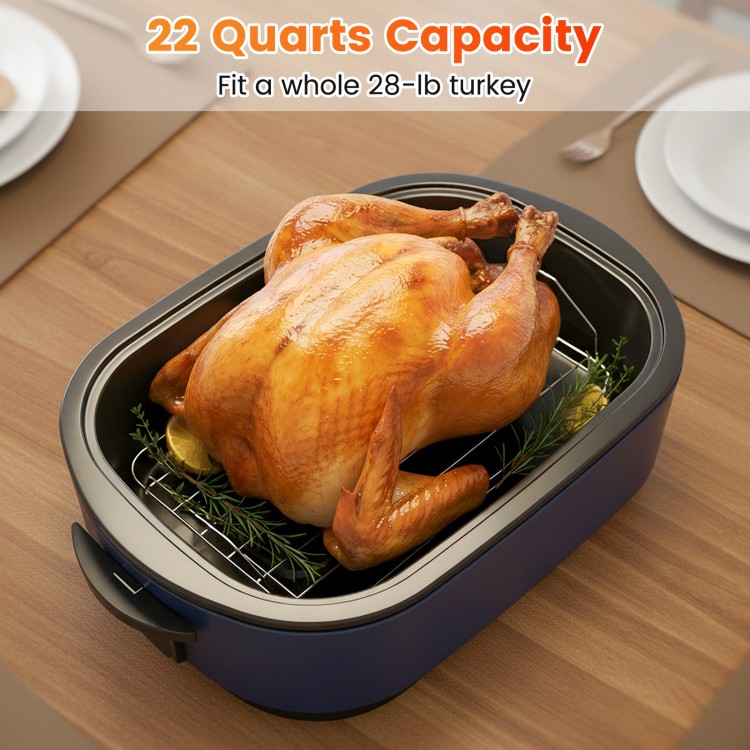 Navy 22QT electric roaster oven with a whole 28-lb turkey, featuring a self-basting lid and clear glass window.