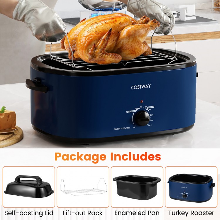 22QT electric roaster oven in navy with self-basting lid, ideal for roasting a whole turkey for large meals.