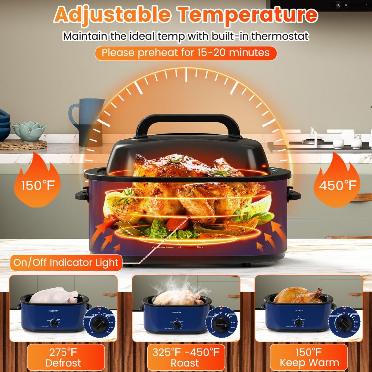 22QT electric roaster oven in navy with self-basting lid, adjustable temperature, ideal for cooking a whole turkey.