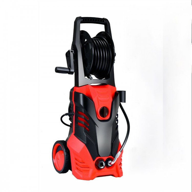 Electric high pressure washer in red with 3000 PSI, hose reel, and five nozzles for versatile cleaning tasks.