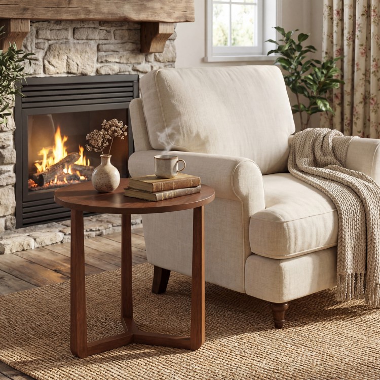 Round side table with a smooth 0.7" walnut tabletop and triangular structure, ideal for rustic farmhouse decor.