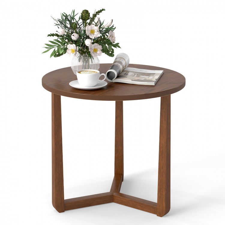 Round side table with walnut finish, sturdy rubber wood legs, perfect for living rooms or bedrooms.