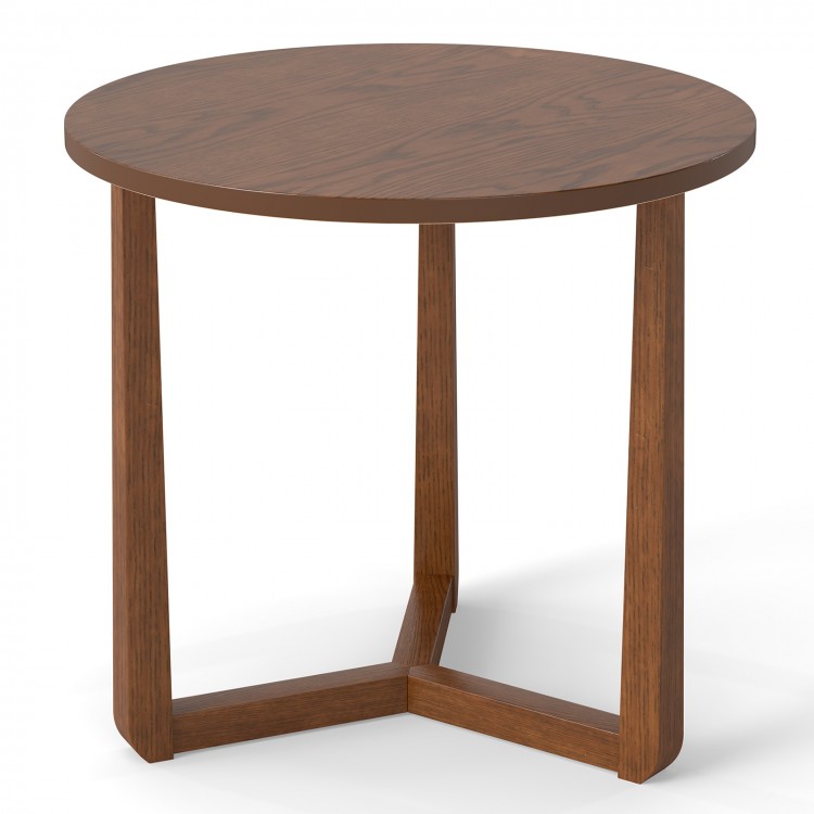 Round side table with sturdy rubber wood legs in walnut finish, featuring a stable triangular structure for versatile.