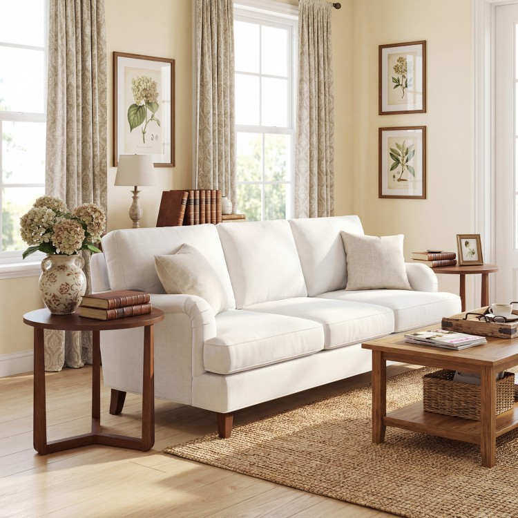 Round side table with walnut finish, sturdy rubber wood legs, and triangular structure, perfect for living room use.