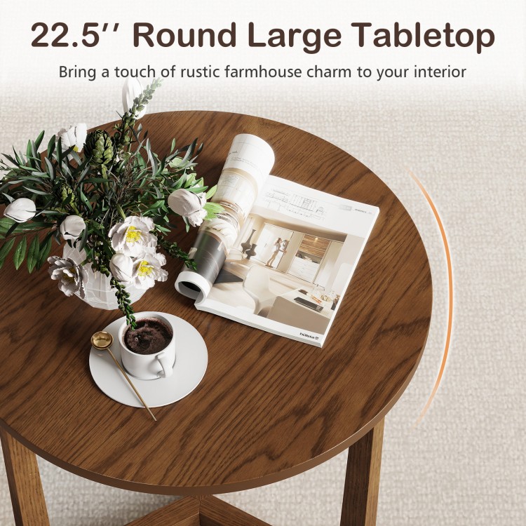 Round side table with a 22.5" walnut tabletop, sturdy rubber wood legs, perfect for rustic farmhouse interiors.