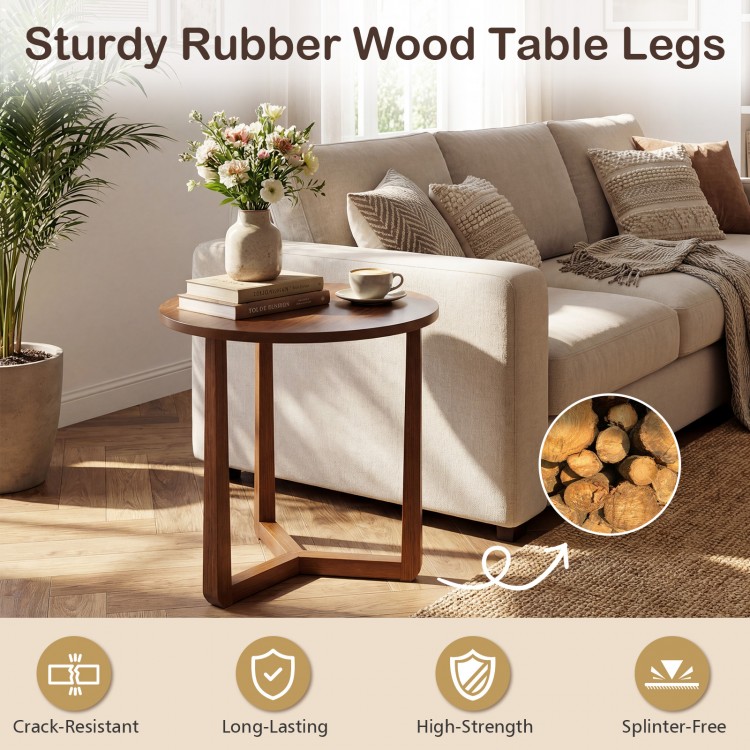 Round side table with sturdy rubber wood legs, walnut finish, ideal for living rooms and bedrooms.
